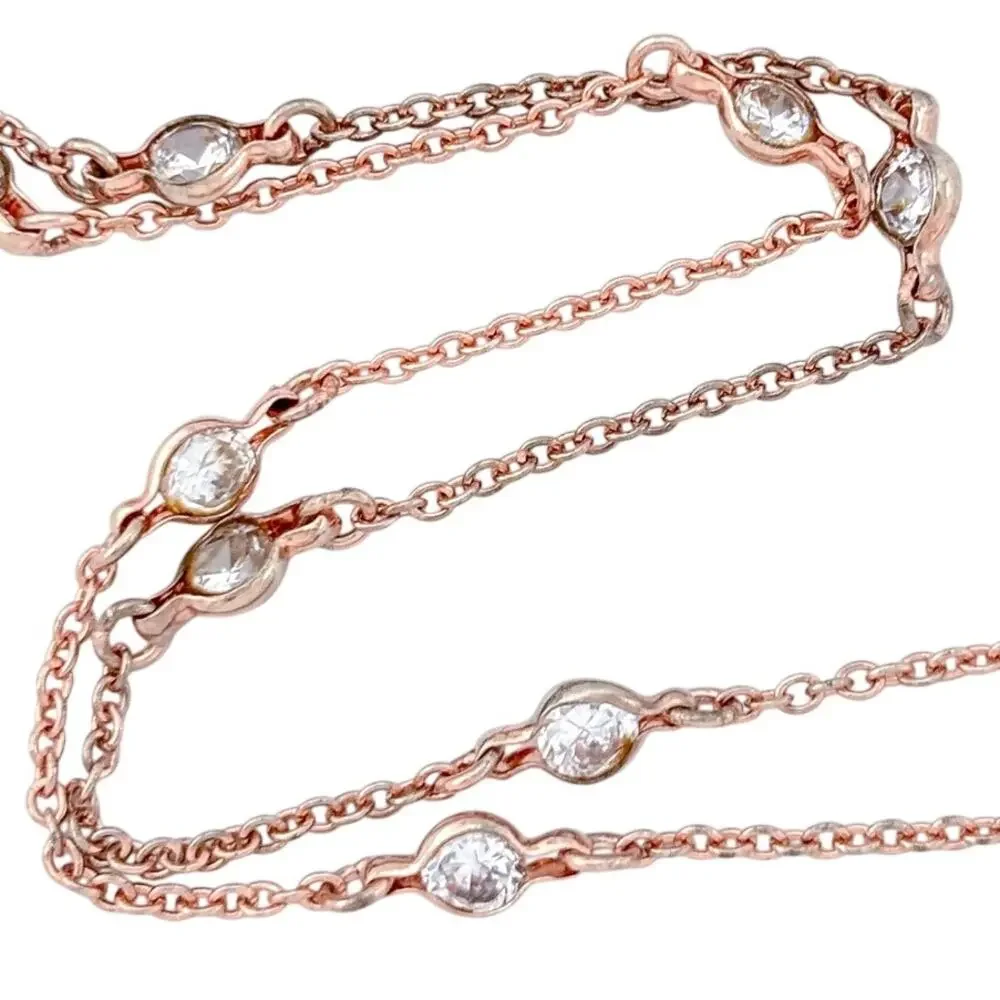 Vintage Sterling Silver 925 Rose Gold-Tone Cubic Zirconia Station Necklace 16